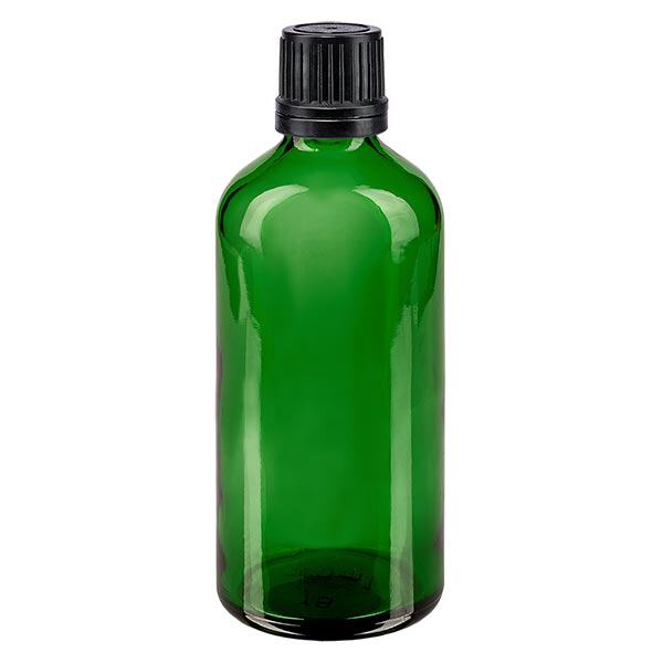 Frasco de farmácia verde 100ml tampa de rosca preta anel de vazamento fecho inviolável Frasco de farmácia verde 100ml tampa de rosca preta anel de vazamento fecho inviolável