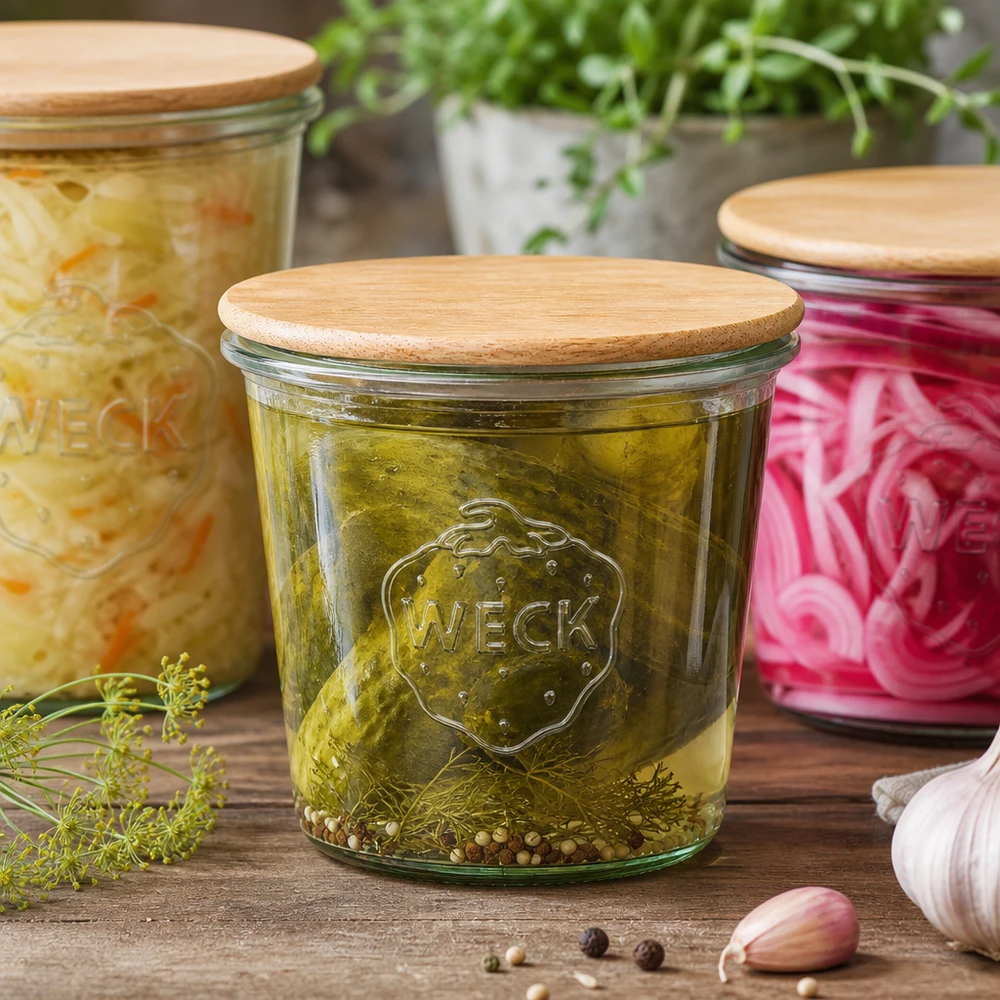 Copos de vidro de 580 ml WECK RR100 com tampa de madeira Frasco de vidro WECK de 580 ml com tampa de madeira cheio de pepinos em conserva, cena de cozinha com ervas frescas e alho