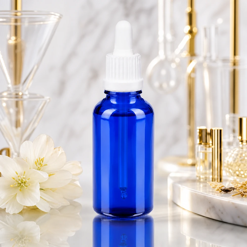 Frasco pipeta de 30ml branco com fecho inviolável BlueLine UT18/30 Frasco de pipeta BlueLine UT18 de 30 ml com tampa branca para aplicações cosméticas e soros