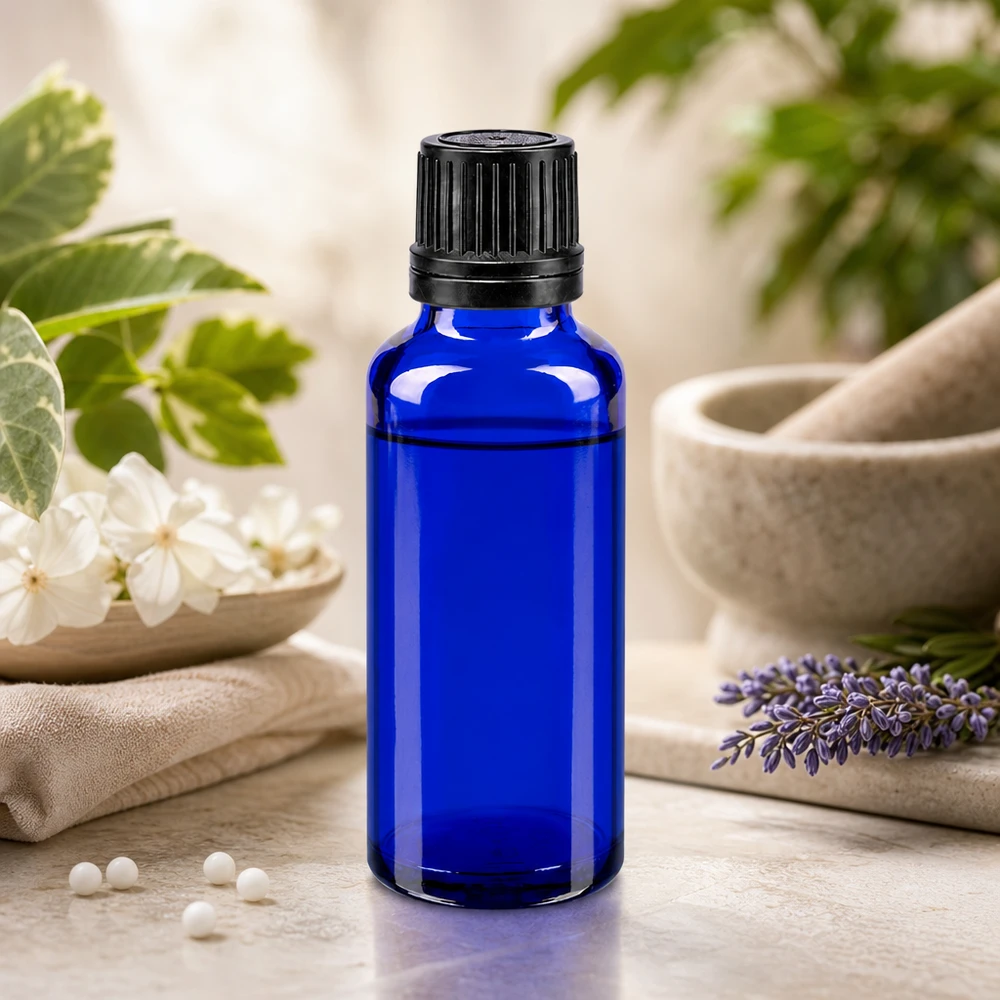 Frasco de vidro de farmácia azul cobalto de 30 ml com tampa OV preta, ao lado de uma lavanda e de um almofariz