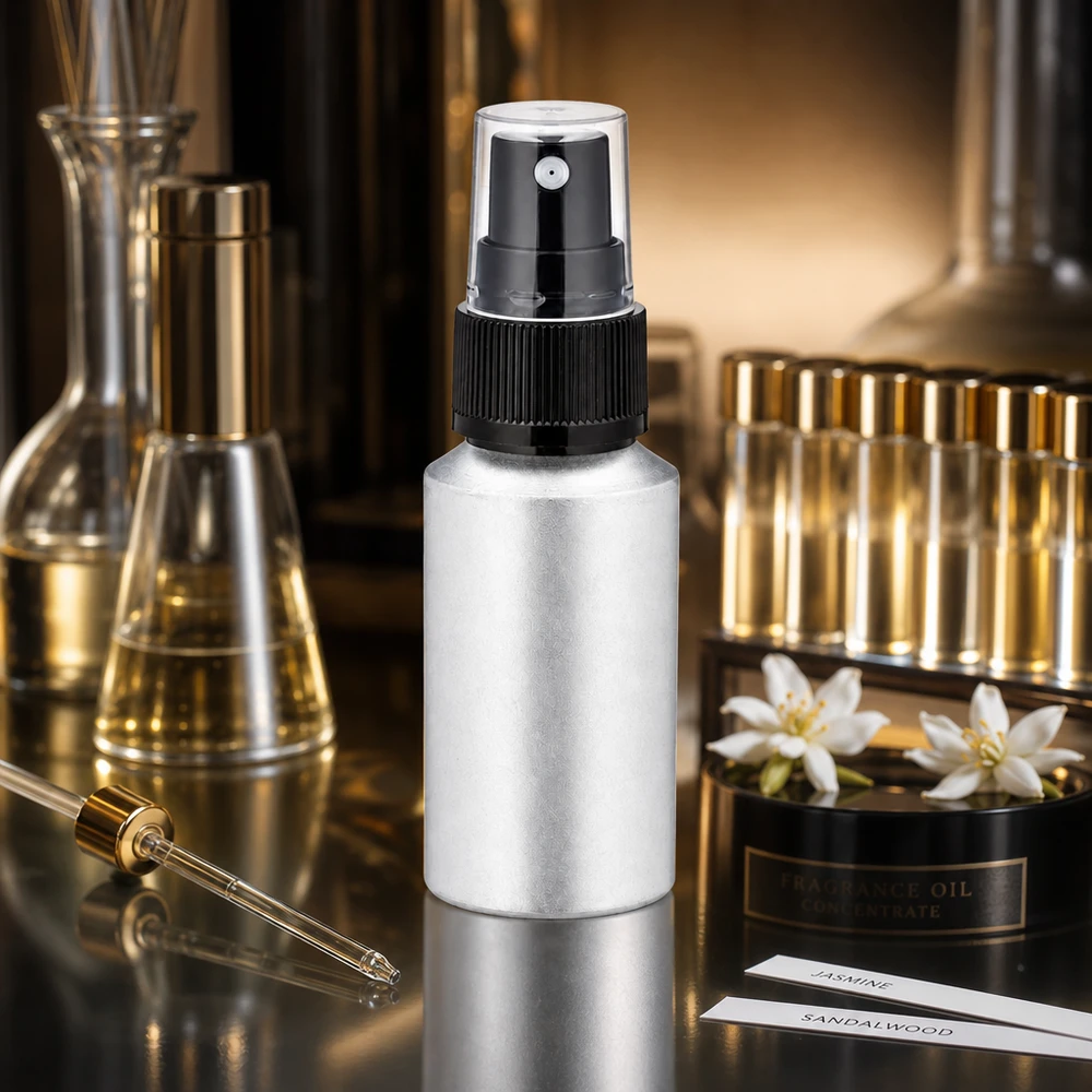 Frasco compacto de alumínio de 30 ml com atomizador num design elegante para aplicações móveis de perfume