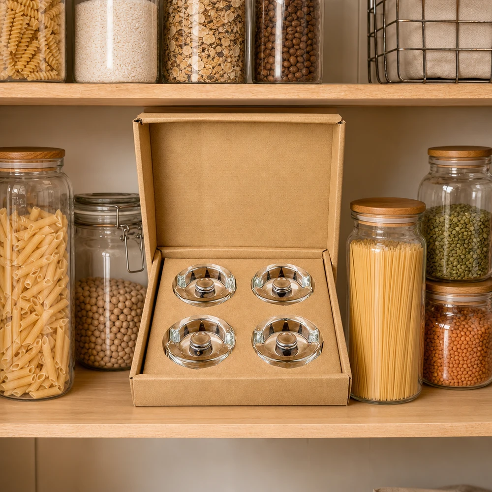 Conjunto de 4 pesos para frascos de fermentação UNiTWIST na prateleira de arrumação entre frascos de conservação com massas e legumes