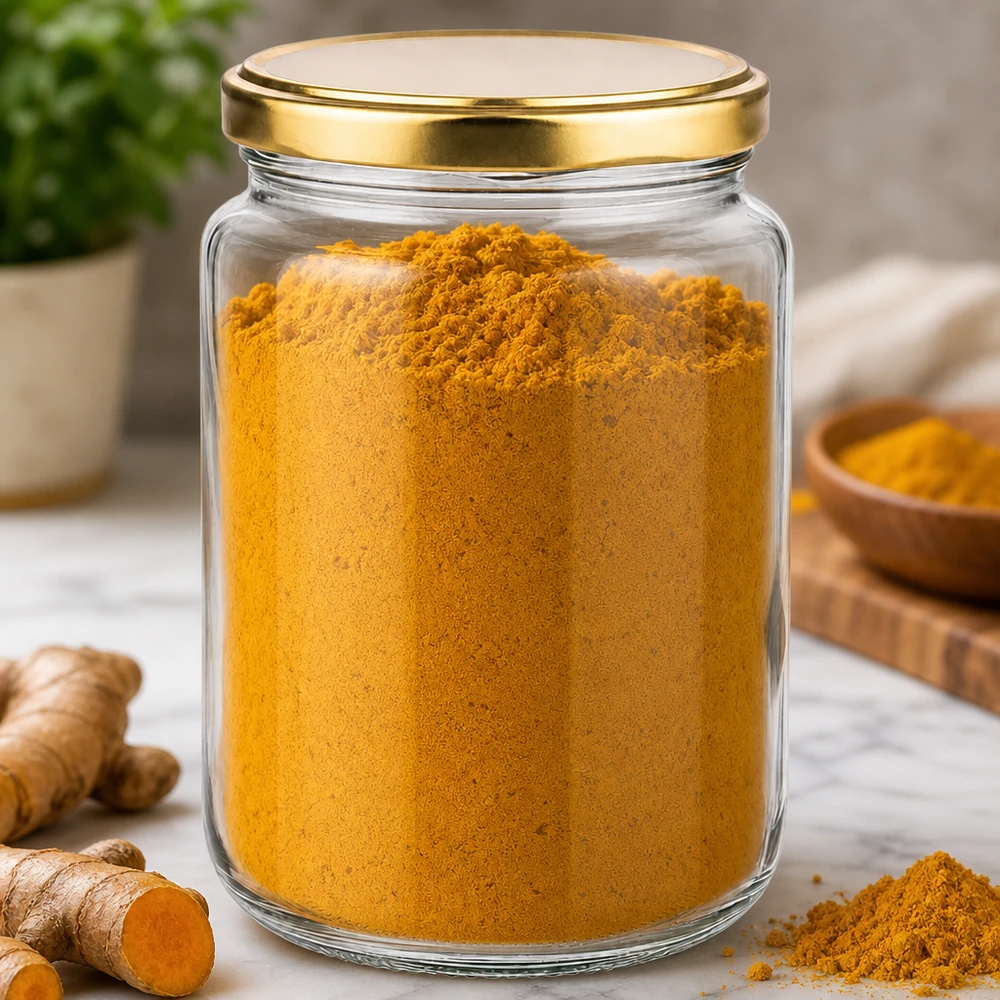 Frasco redondo de 795 ml com tampa dourada UNiTWIST cheio de curcuma em pó para guardar especiarias na cozinha
