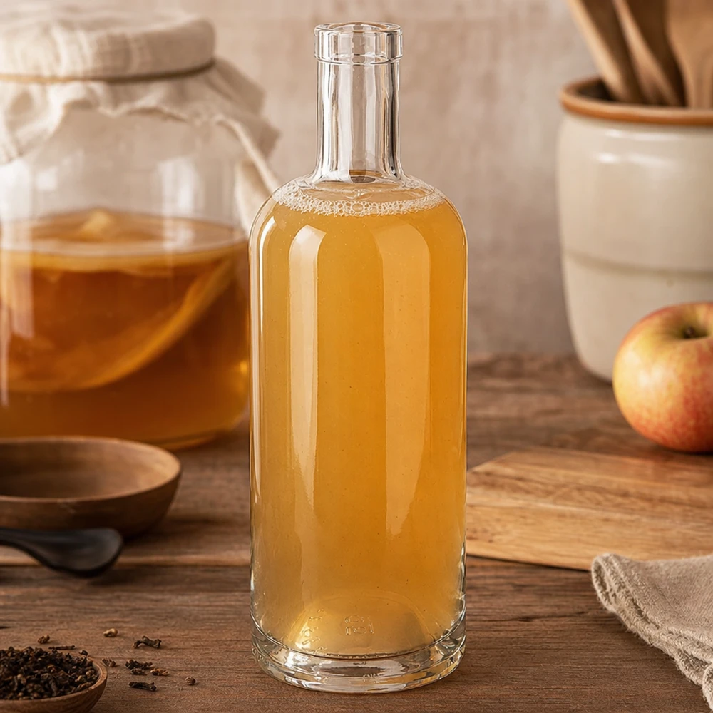 750ml Glasflasche "Attila" ohne Verschluss UNiTWIST® Garrafa de vidro de 750 ml Emma cheia de vinagre de sidra de maçã numa cozinha rústica ao lado de maçã e utensílios de cozinha numa tábua de madeira