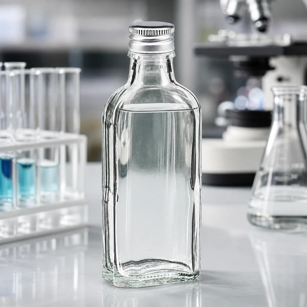 Frasco Meplat de 100 ml transparente com tampa de alumínio PP22 prateada sobre uma bancada de laboratório branca