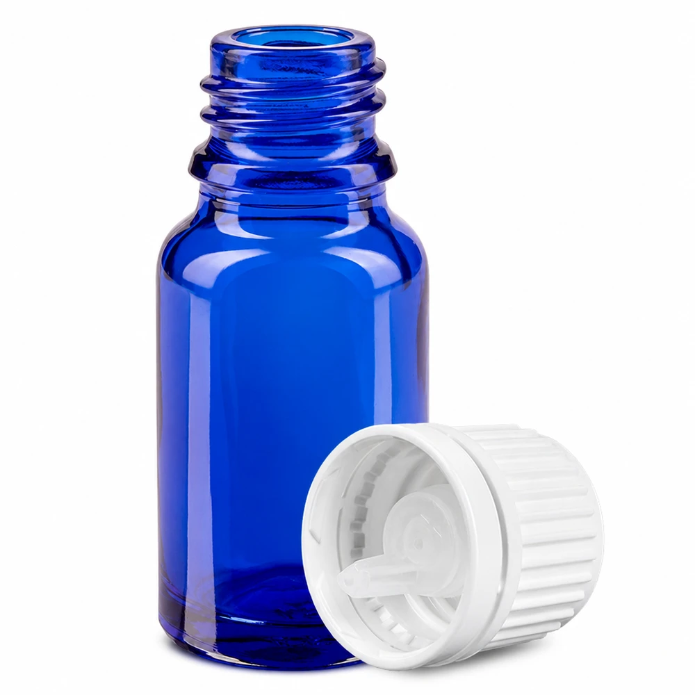 Frasco de vidro de 10 ml azul com tampa branca de conta-gotas para uma dosagem precisa de líquidos