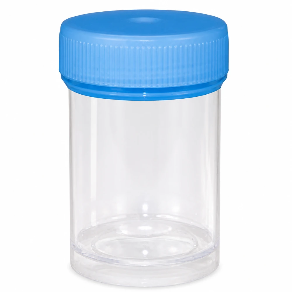 Frasco de plástico universal (recipiente patogénico) 35ml Frasco de plástico transparente de 35 ml com tampa de rosca azul, destinado a servir de recipiente para amostras médicas