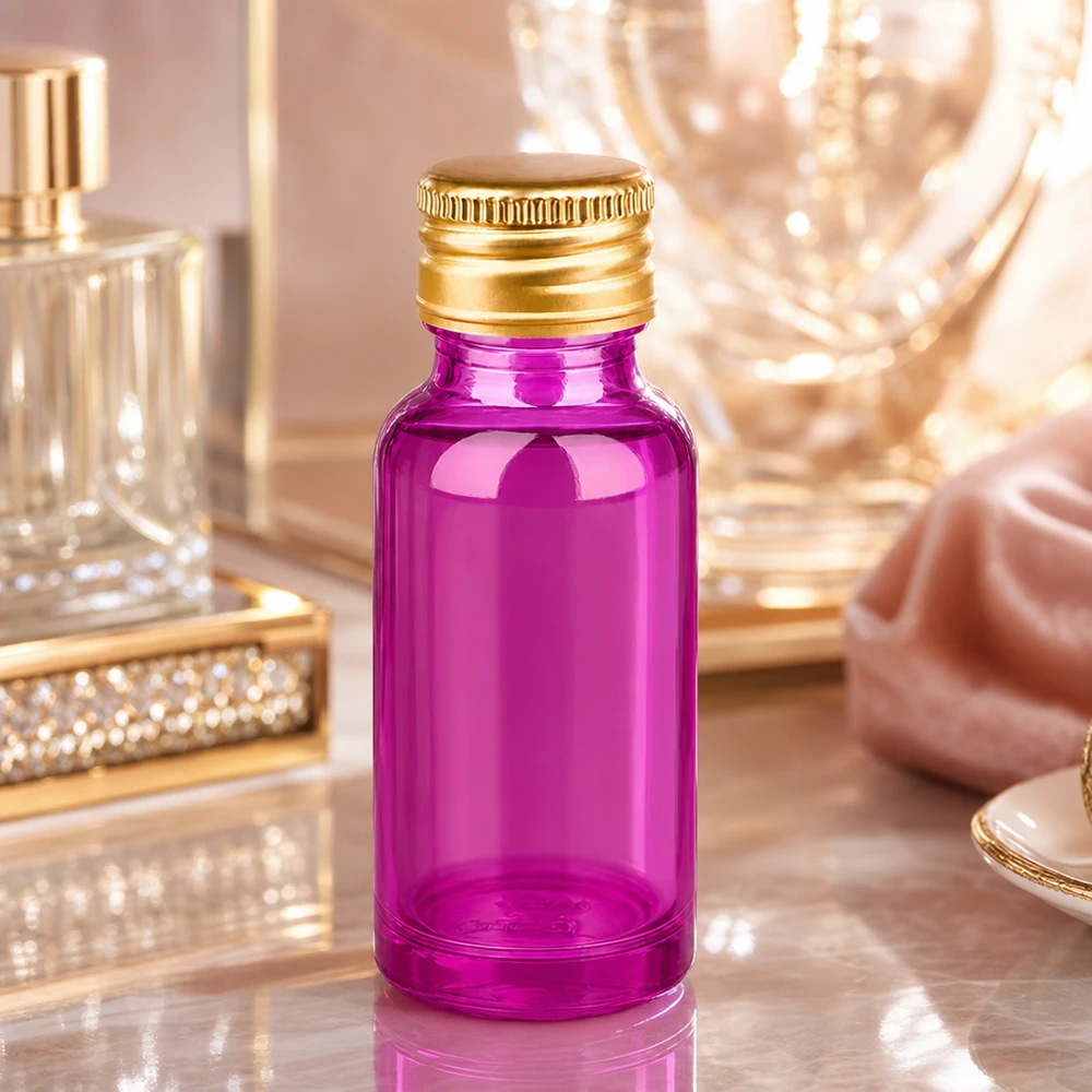 Frasco de 20 ml com tampa de rosca de 11 mm em alumínio dourado padrão PurpleLine. UT18/20 Frasco de perfume elegante em vidro violeta de 20 ml com tampa metálica dourada para fragrâncias exclusivas