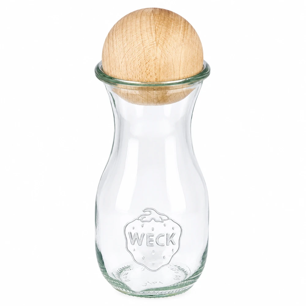 290ml Saftflasche WECK RR60 mit Holzkugel Buche Garrafa de sumo WECK 290ml RR60 em vidro com bola de madeira de faia como tampa, design clássico para bebidas