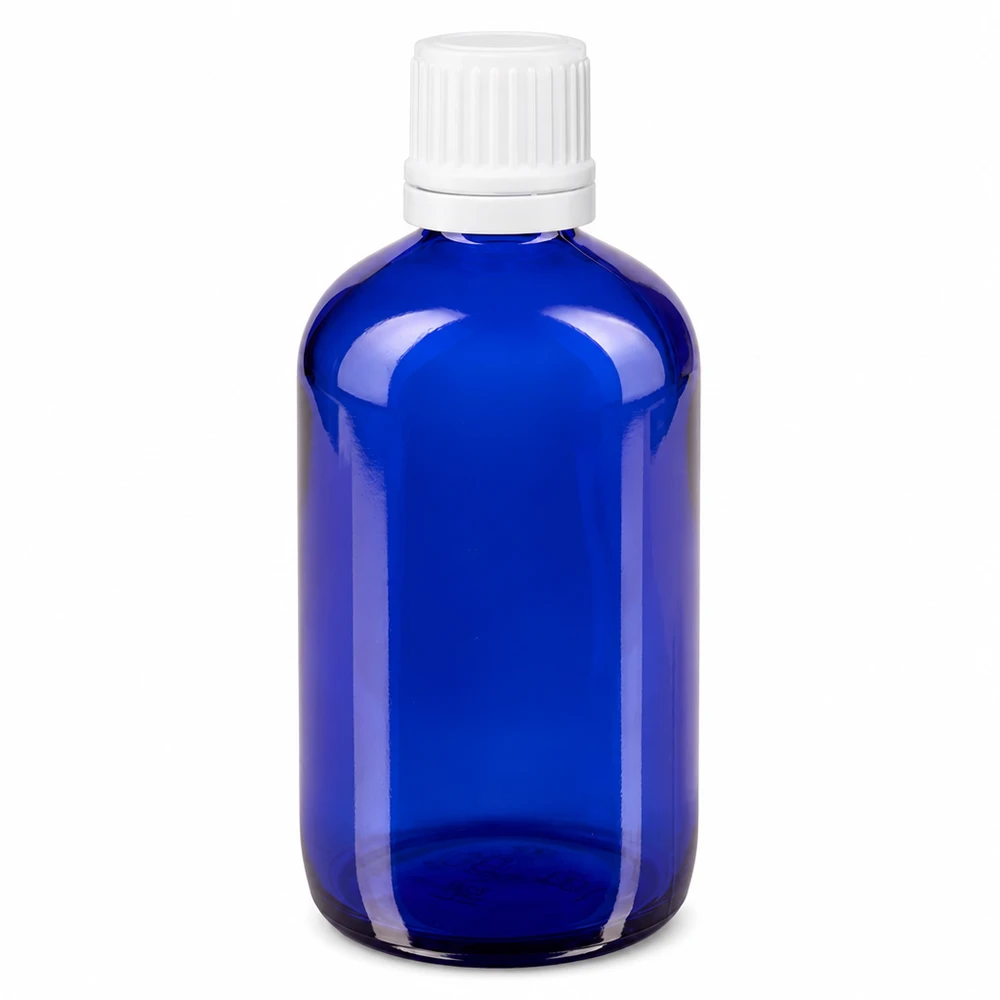 Frasco de vidro azul de farmácia de 100 ml com tampa de segurança branca e aplicador conta-gotas de 0,7 mm