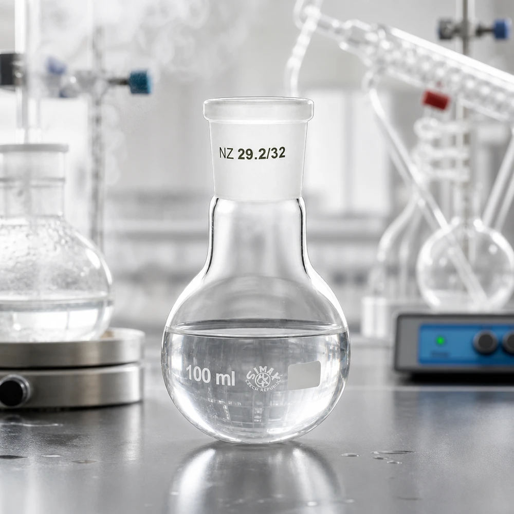 Frasco de pé 100ml com junta rectificada standard (29/32) Balão de laboratório compacto de 100 ml com fundo redondo e junta esmerilada NS 29/32 para processos de destilação