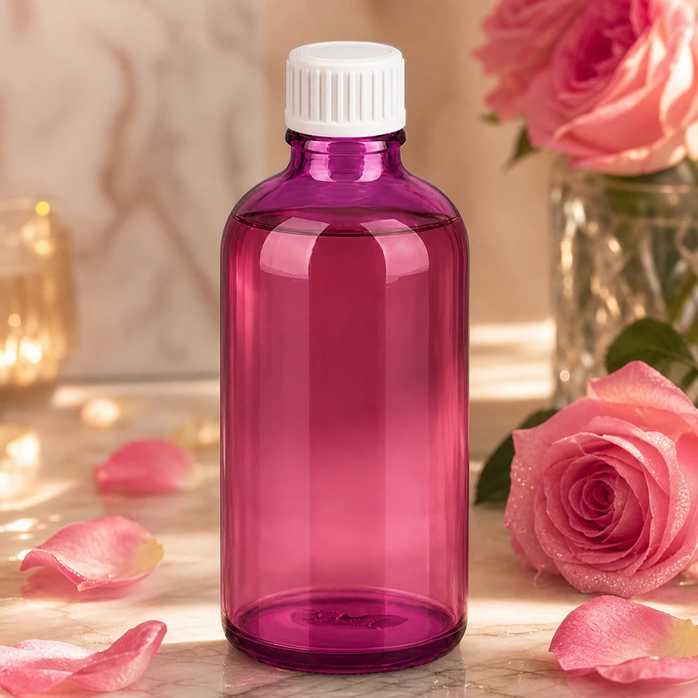 Frasco de 100 ml (glóbulo) com anel de vazamento de 3 mm branco PurpleLine padrão. UT18/100 Frasco de vidro roxo de 100 ml com tampa branca para aromaterapia e cosméticos naturais