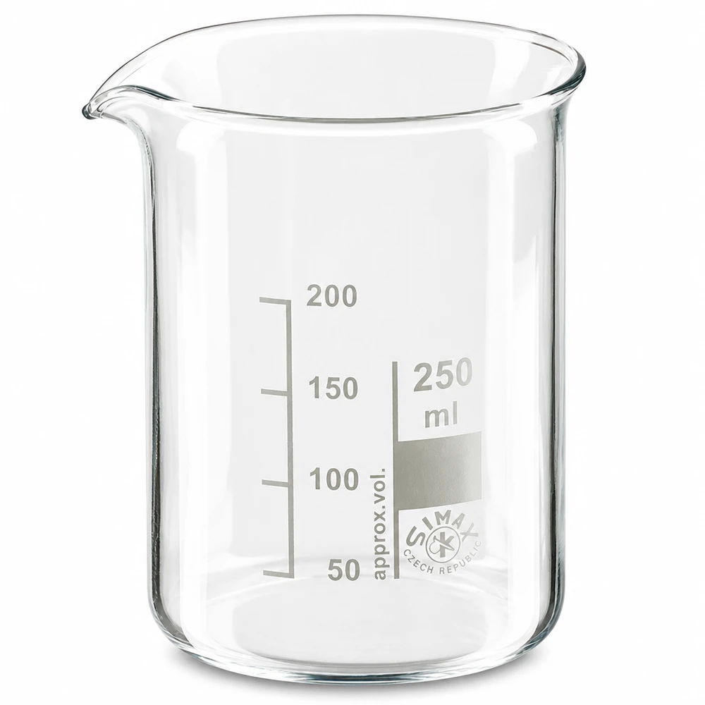 Copo de laboratório de 250 ml de forma baixa em vidro borossilicato com escala milimétrica exacta