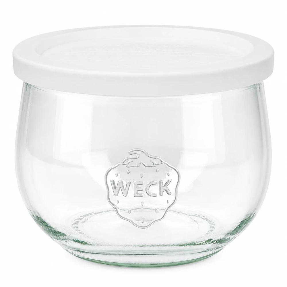 Frasco tulipa de 580ml com tampa WECK RR100 Frasco tulipa WECK 580ml com tampa branca de frescura Frasco de conserva RR100 transparente com logótipo WECK