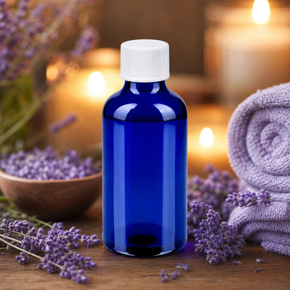 Frasco de vidro azul de alta qualidade de 50 ml com tampa de plástico branca para aromaterapia
