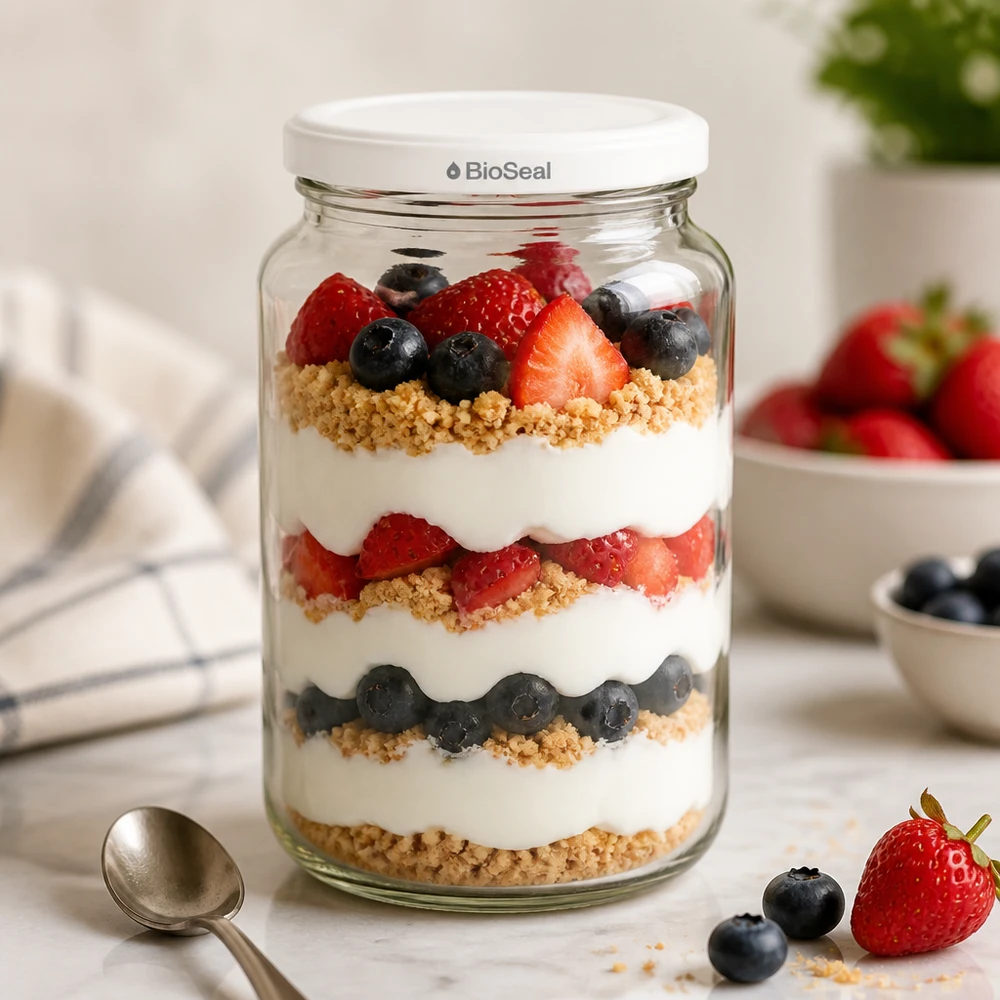 UNiTWIST Runda382 como frasco de sobremesa - iogurte em camadas com frutos silvestres e granola num frasco de conserva BioSeal