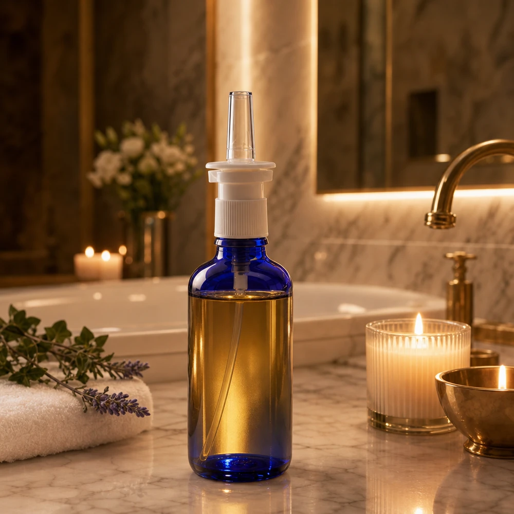 Frasco de spray nasal de 50 ml, azul cobalto com conteúdo dourado, sobre fundo de mármore num ambiente de spa