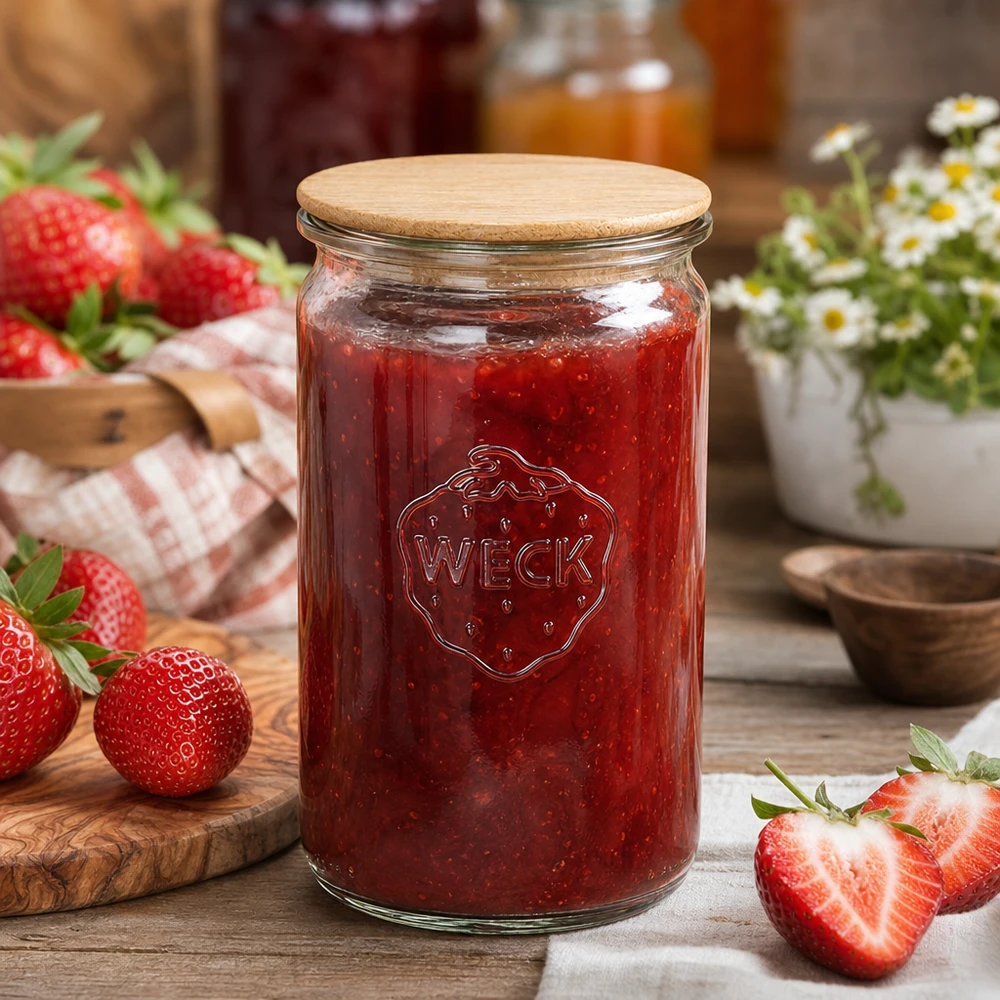 Frasco de armazenamento WECK de 340 ml cheio de compota de morango junto a morangos frescos numa mesa de madeira rústica