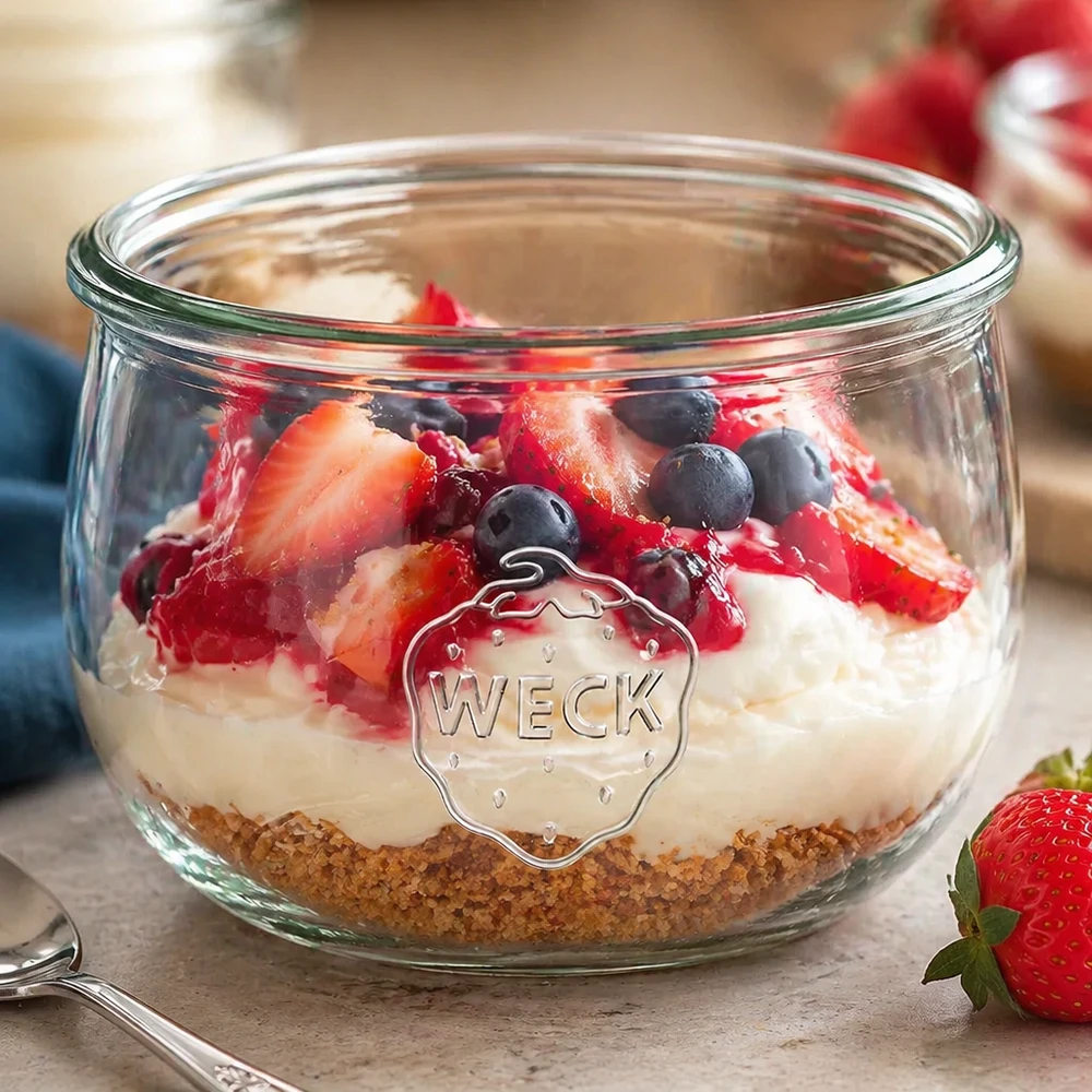 Frasco em forma de tulipa WECK RR100 de 580 ml Jarra tulipa WECK 580ml RR100 com sobremesa em camadas de creme à base de biscoitos e bagas frescas morangos e mirtilos