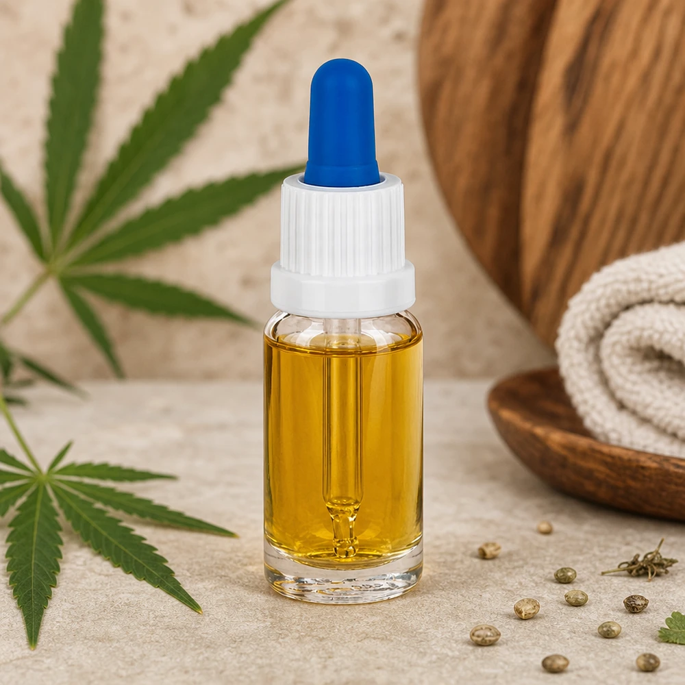 Frasco de pipeta de vidro transparente de 10 ml com óleo de CBD, acompanhado de folhas de canábis e sementes de cânhamo