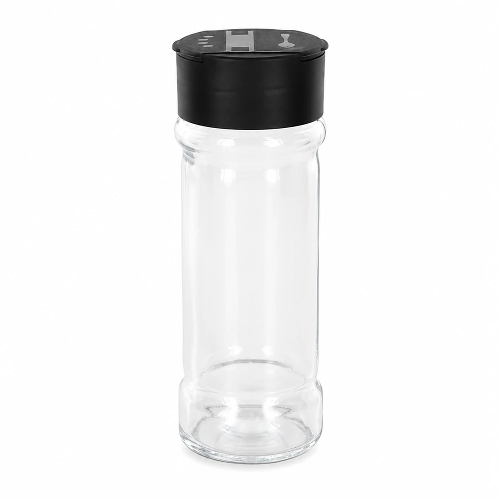 Frasco para sal/especiarias de 100 ml com espalhador duplo, preto Frasco vazio para especiarias de 100 ml, em vidro transparente, com tampa preta com espalhador duplo