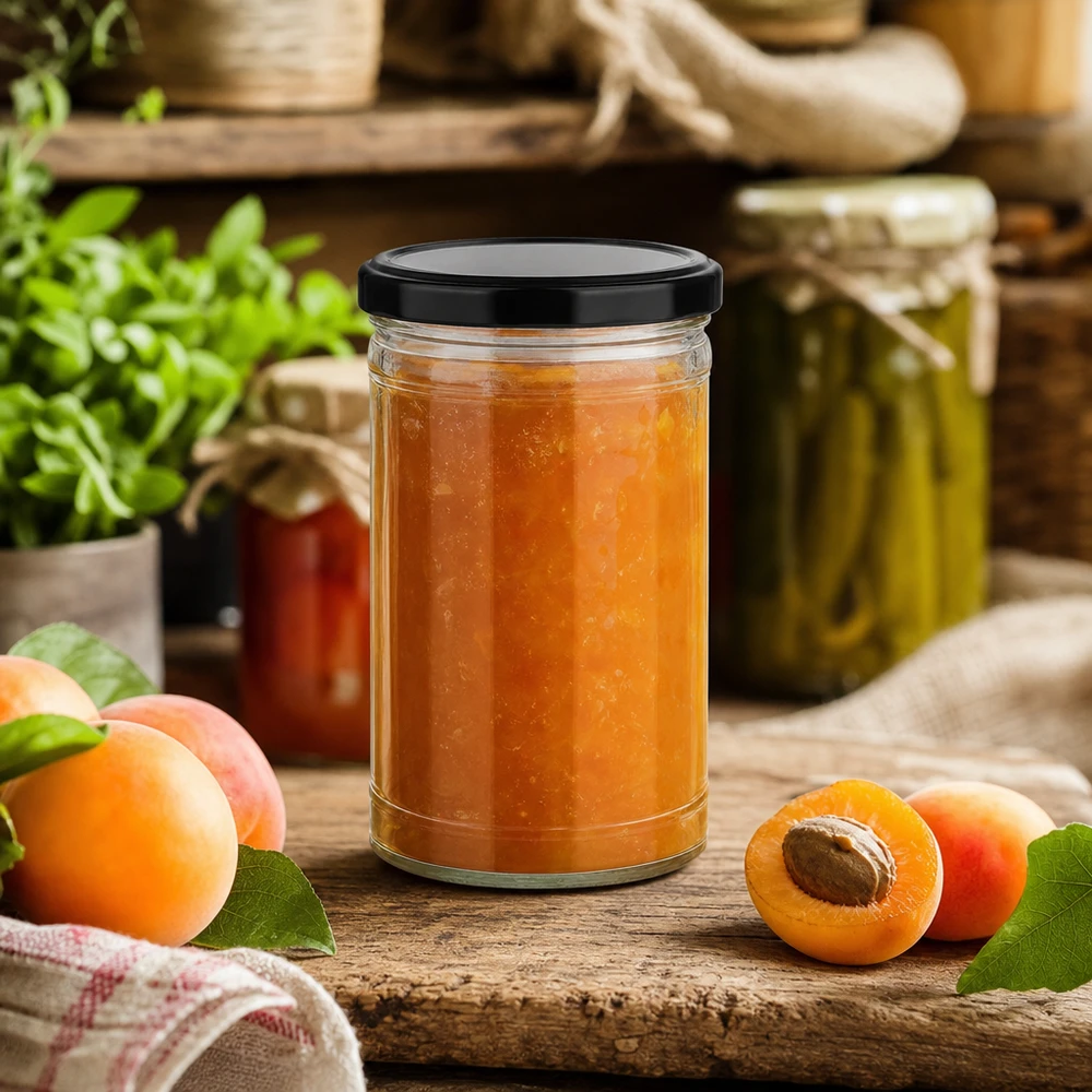 Frasco de vidro de 1053 ml com tampa preta cheio de compota de alperce numa cozinha rústica com fruta fresca