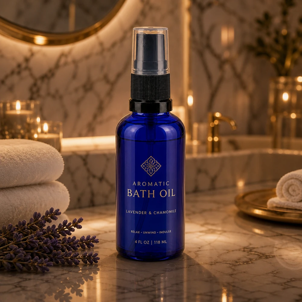 Óleo de banho para aromaterapia num frasco pulverizador azul cobalto de 50 ml com pulverizador preto, para um banho de luxo