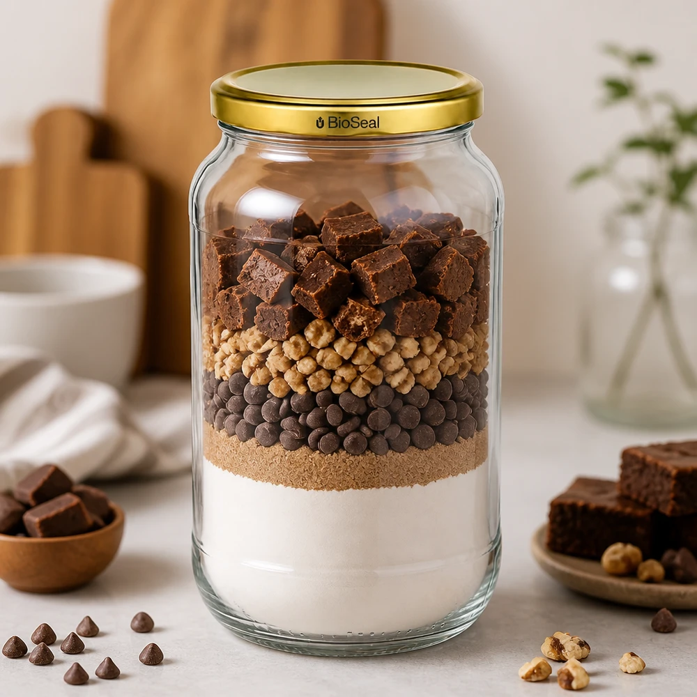 Frasco redondo de 1062 ml com tampa dourada UNiTWIST BioSeal UNiTWIST Runda1062 Frasco para camadas mistura de brownie chocolate nozes TO82 BioSeal tampa dourada frasco de armazenamento de mistura para bolos