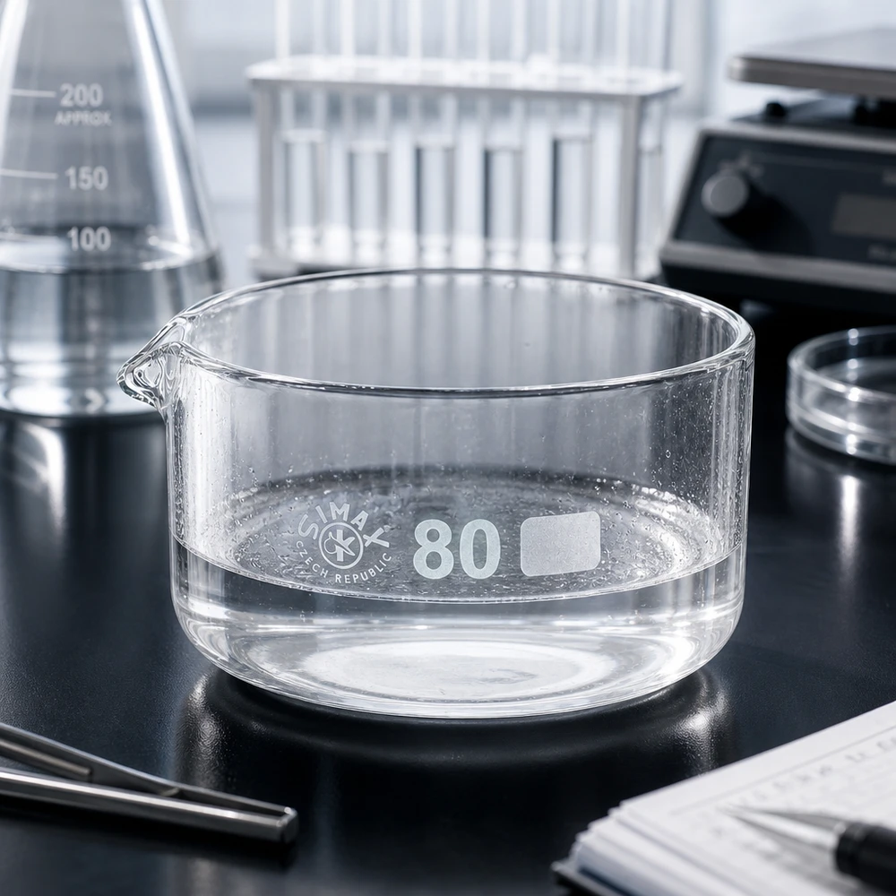 Taça de cristalização de 150ml com bico em borosilicato ø80mm Taça de cristalização transparente de 150 ml com bico vertedor sobre uma superfície de laboratório preta de ø80 mm SIMAX