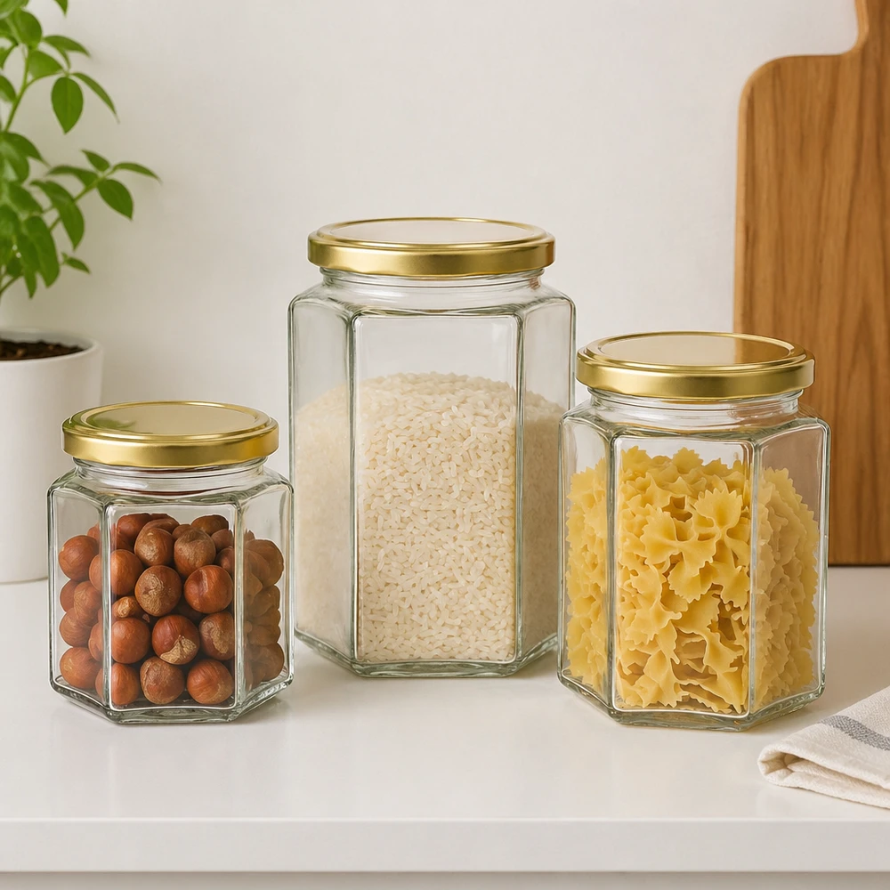 Três frascos de mel de 500 g BasicSeal de vários tamanhos, com tampas douradas, para guardar nozes e massas de arroz