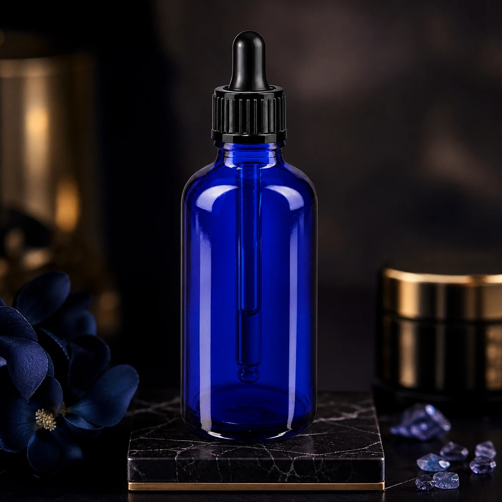 Frasco conta-gotas azul de 50 ml, em vidro de farmácia STD, com tampa de pipeta preta sobre uma base de mármore