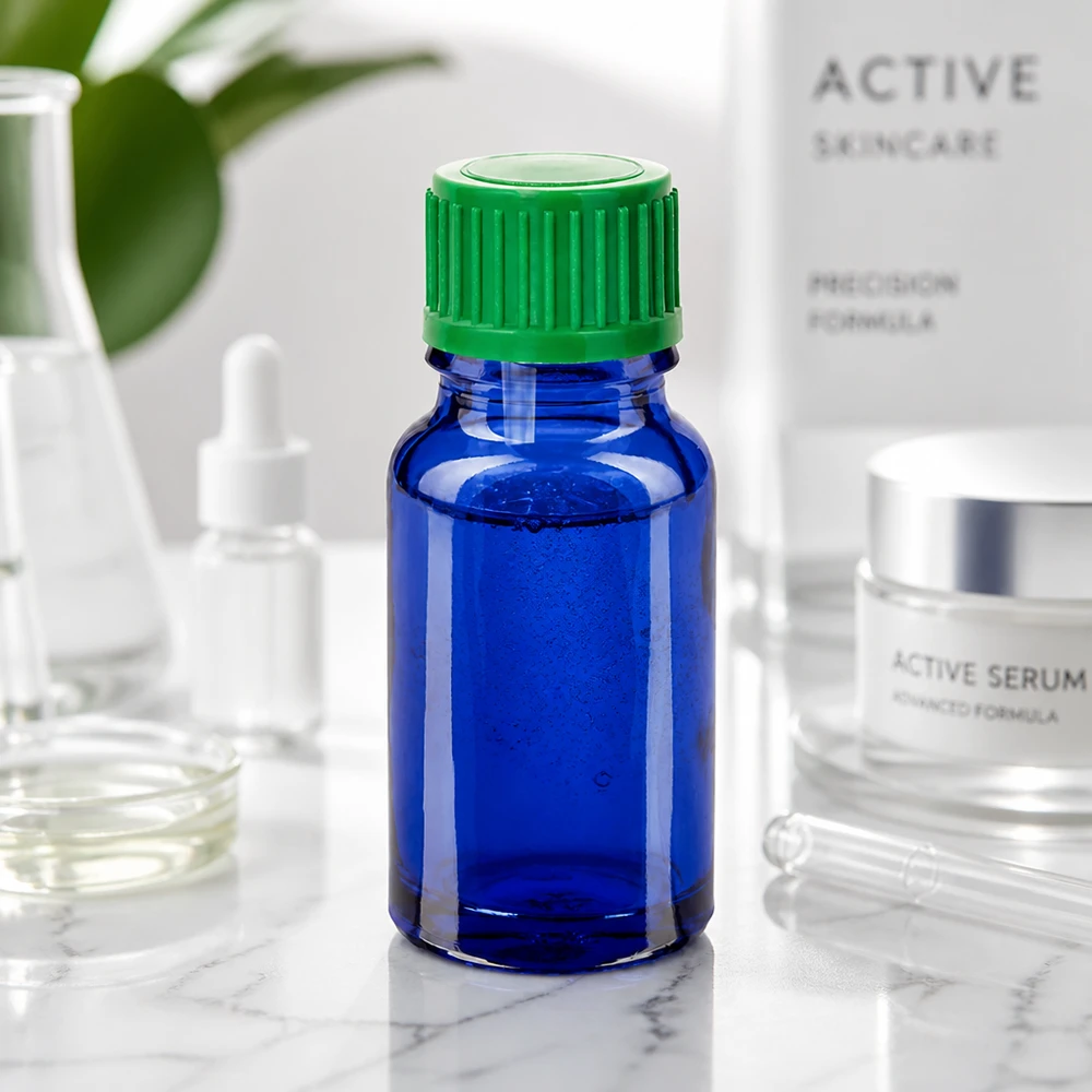 Frasco de vidro de 10 ml azul com tampa verde com conta-gotas UT18 para cosméticos e soros
