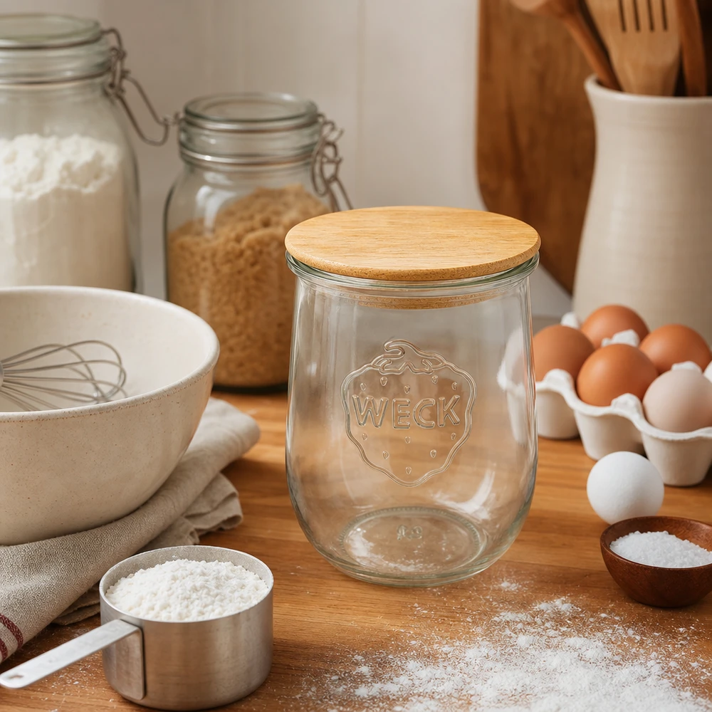 Frasco de tulipas WECK RR100 1062ml vazio com tampa de madeira na cozinha rústica entre ingredientes de pastelaria ovos farinha utensílios