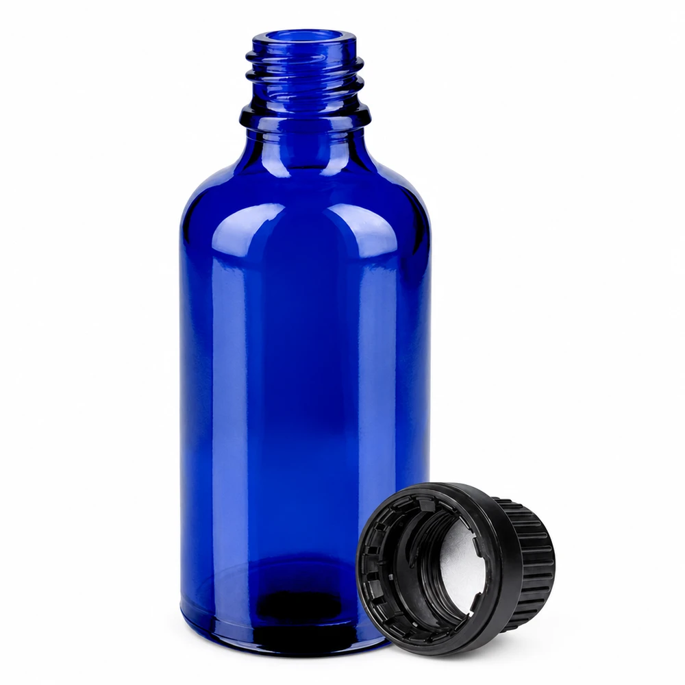 Frasco de vidro BlueLine de 50 ml com rosca de 11 mm e tampa inviolável preta UT18/50