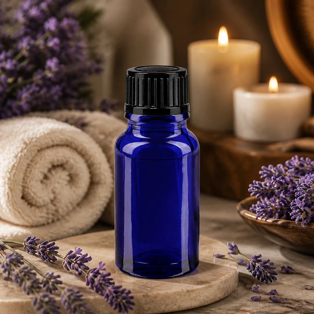 Frasco de vidro azul de 10 ml com tampa dosadora preta para óleos essenciais