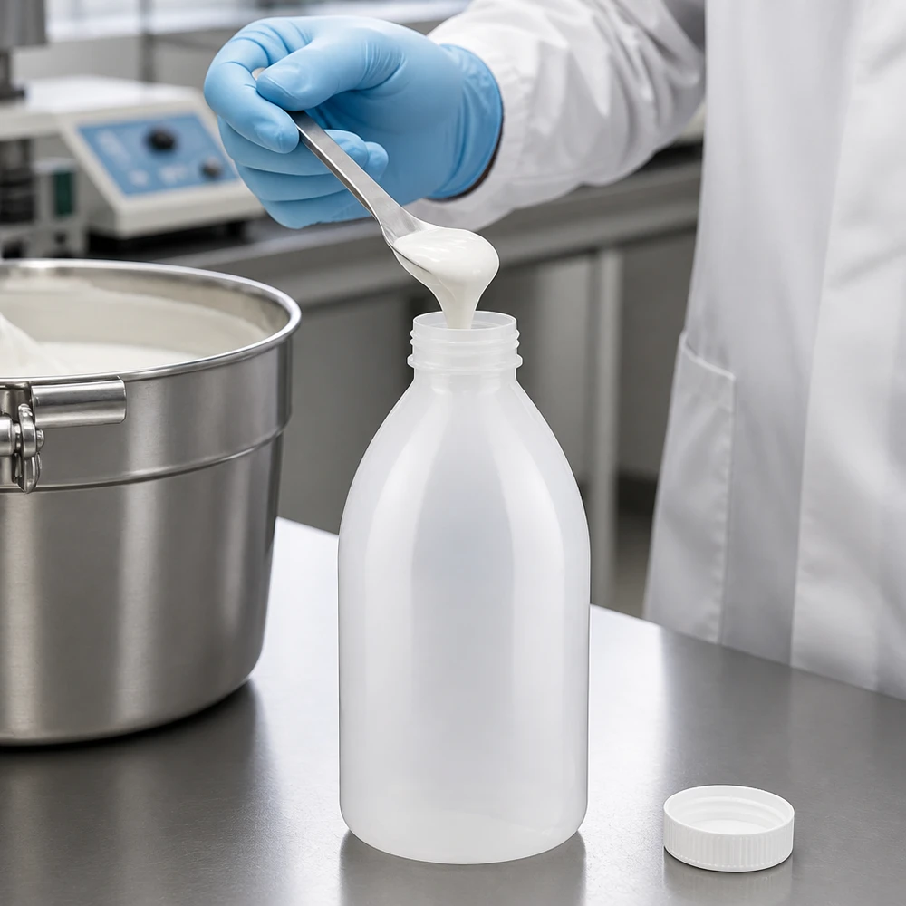 Schutzhandschuh hält Spatel über geöffnete 1000ml Enghals Flasche mit Schraubverschluss