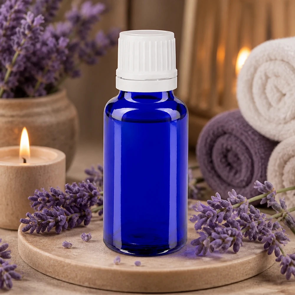 Frasco de farmácia azul 20ml tampa de rosca branca fecho inviolável Frasco de vidro azul de 20 ml com tampa de segurança para crianças branca, entre flores de lavanda e velas