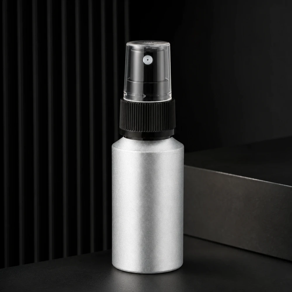 Frasco compacto de alumínio de 30 ml com cabeça de pulverização transparente para aplicações móveis em movimento