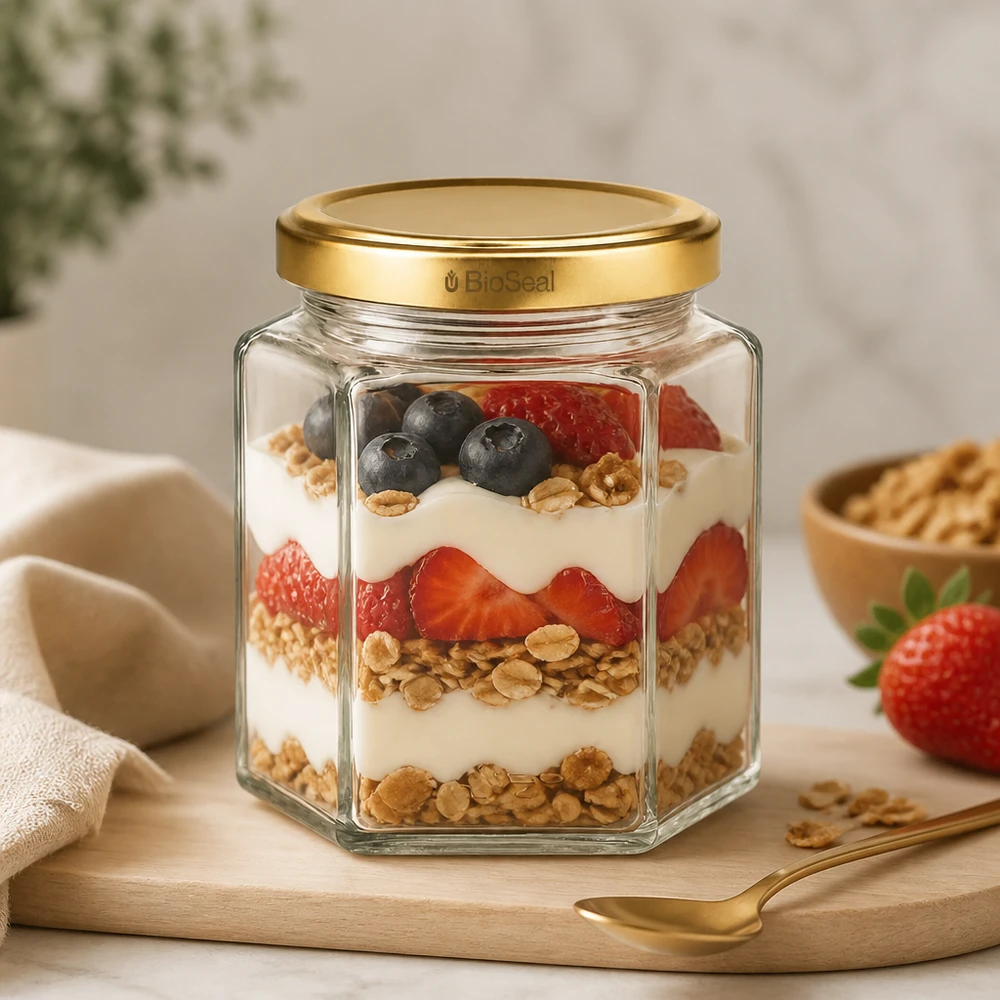 Frasco UNiTWIST Hexa390 com tampa TO70 BioSeal cheio de muesli, iogurte e bagas como um parfait numa tábua de madeira