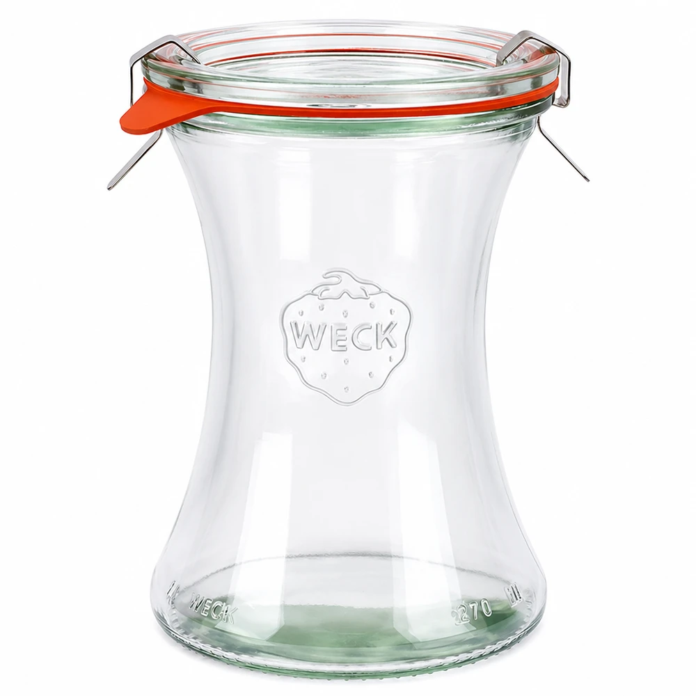 Frasco de conserva de 370 ml, completo, WECK RR80 Frasco de charcutaria WECK 370ml RR80 com tampa de vidro, anel de borracha e pinças conjunto completo para conservas
