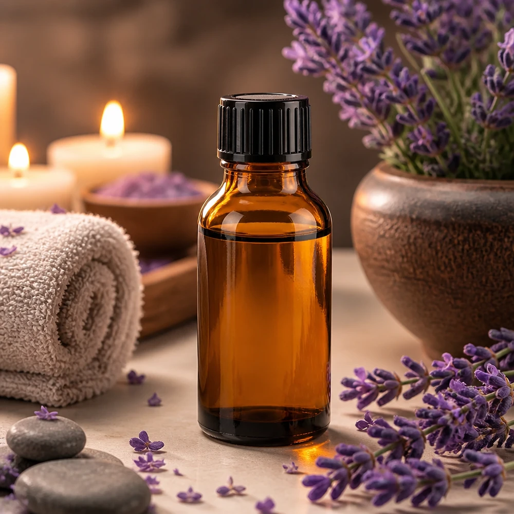 Frasco conta-gotas de vidro de farmácia castanho de 20 ml com tampa conta-gotas preta, ao lado de flores de lavanda