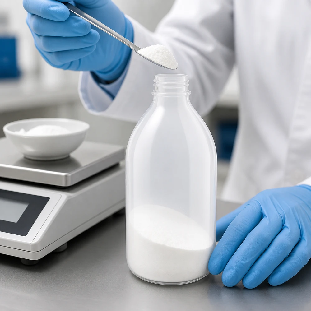 Frasco de laboratório de 500ml com gargalo estreito e sem tampa Frasco de laboratório de 500 ml, de gargalo estreito, sem tampa, cheio de pó branco, num ambiente de laboratório