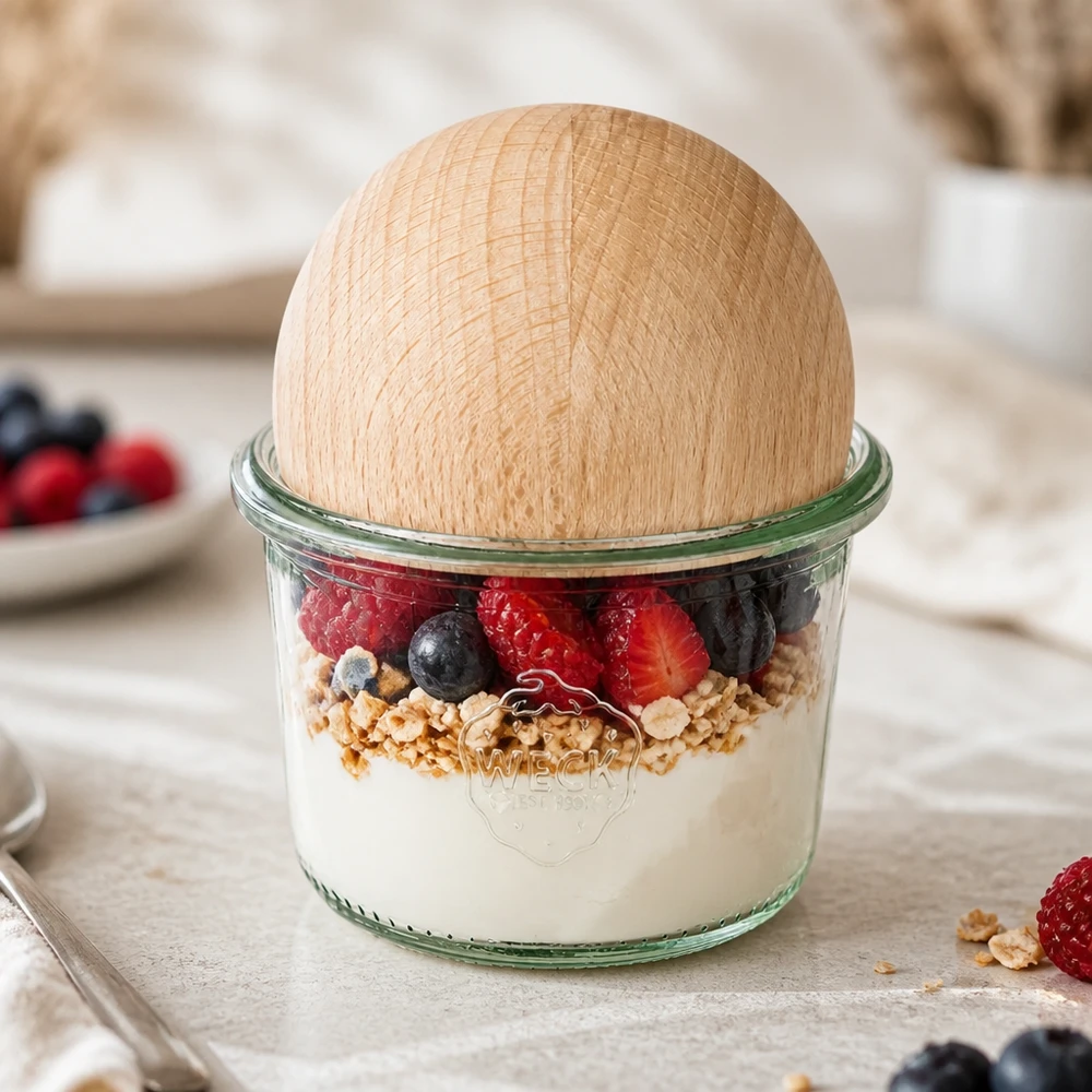 Copos WECK 80ml RR60 com bola de madeira de faia cheios de iogurte, granola e bagas como um parfait de pequeno-almoço