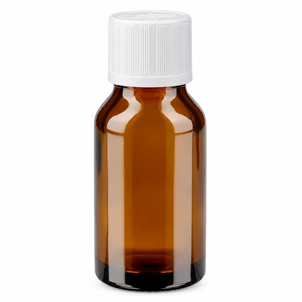 Frasco de farmácia castanho de 15 ml, com tampa de segurança para crianças branca, em vidro castanho