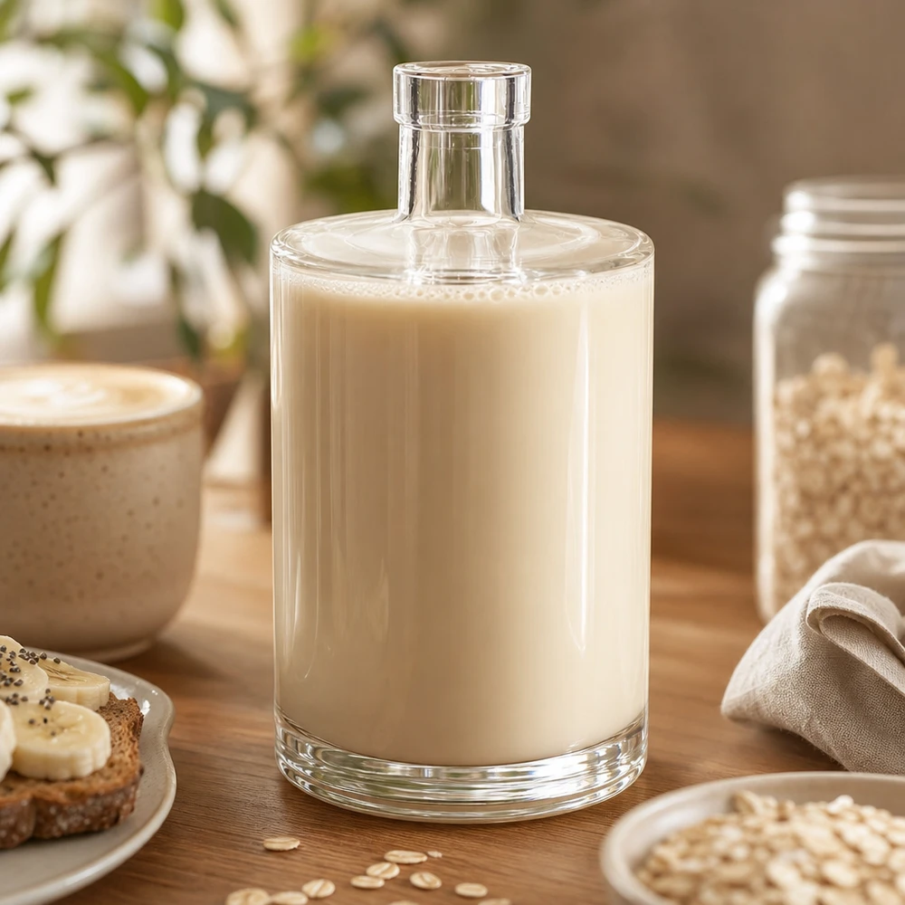 Garrafa de vidro de 700 ml Marie cheia de leite de aveia em cima da mesa de madeira ao lado da taça de cereais e das papas de aveia na cozinha