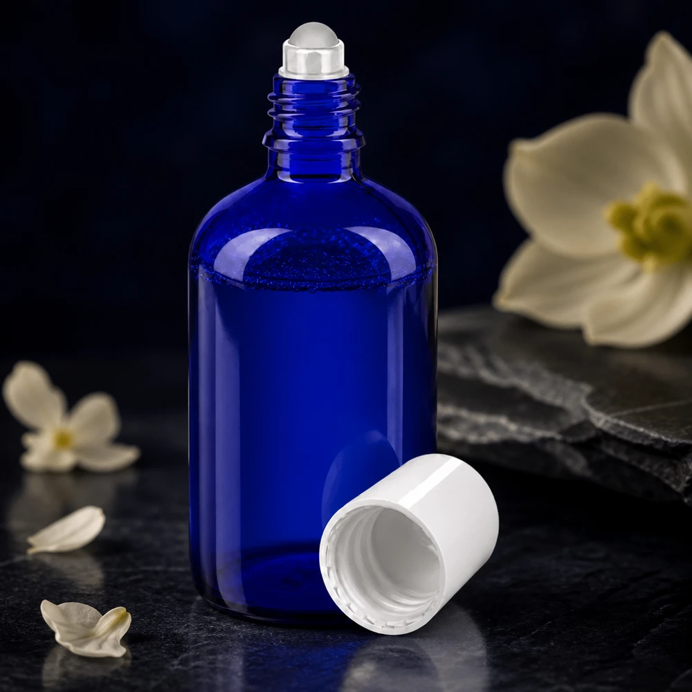 Frasco de farmácia azul 100ml tampa roll-on branca Frasco roll-on azul cobalto de 100 ml, em vidro farmacêutico de alta qualidade, com tampa de rosca branca aberta