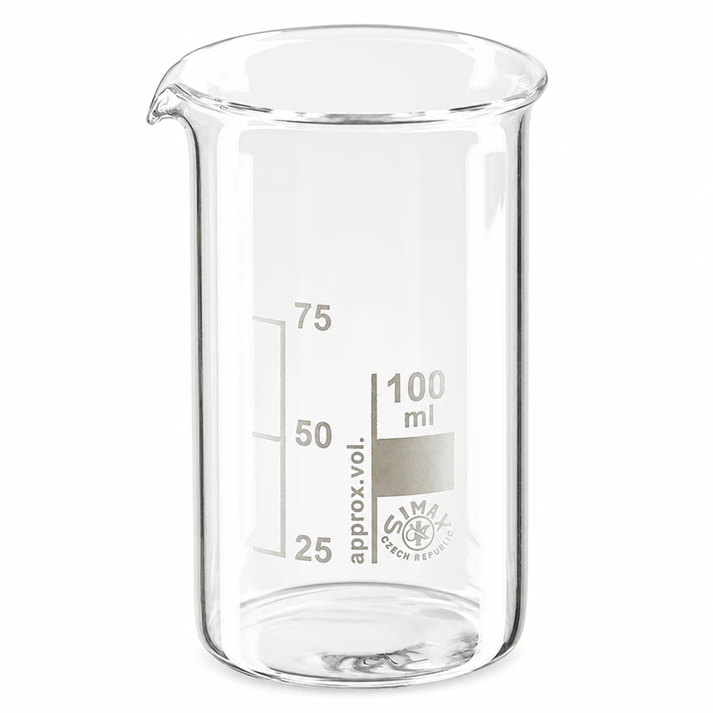 Copo de laboratório de 100 ml, de formato alto, em vidro borossilicato transparente, com escala de medição e bico vertedor