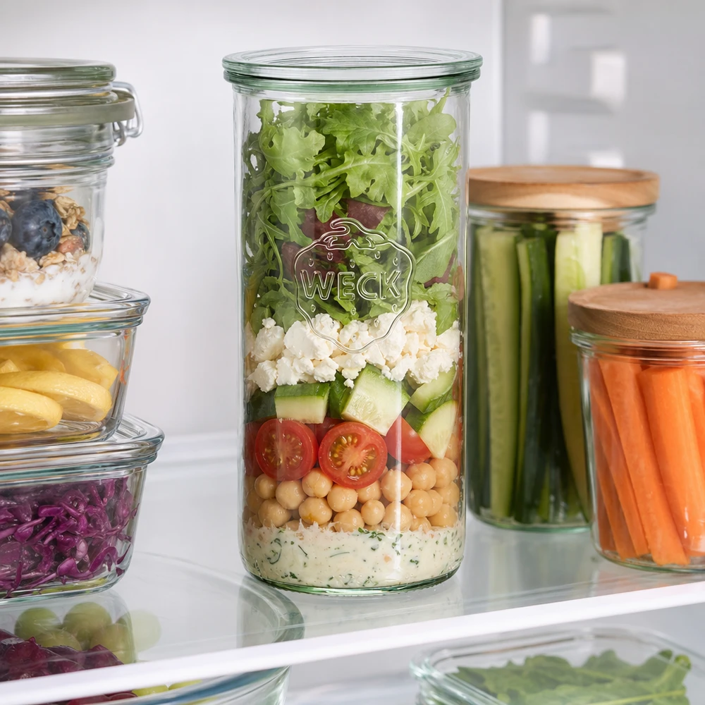 Copos de vidro de 1500ml com tampa de vidro WECK RR100 Copos WECK 1500ml RR100 no frigorífico, cheios de salada em camadas entre outros frascos de armazenamento de preparação de refeições