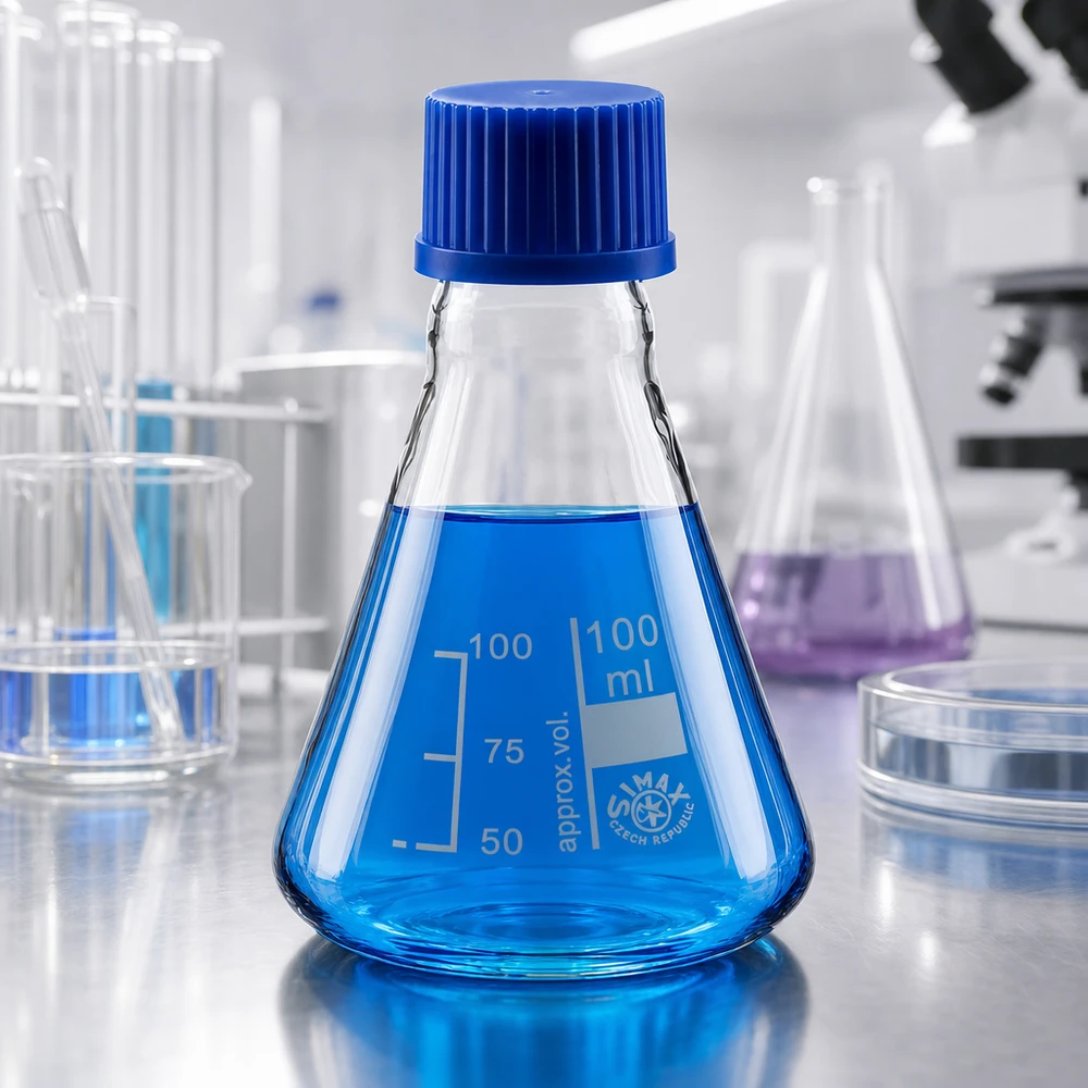 Frasco Erlenmeyer 100ml com tampa de rosca Material de vidro para laboratório Balão Erlenmeyer 100ml com tampa azul para experiências químicas
