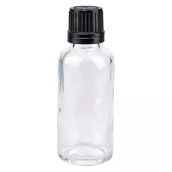 Frasco de farmácia 30ml transparente tampa de rosca preta anel de vazamento fecho inviolável Frasco de farmácia 30ml transparente tampa de rosca preta anel de vazamento fecho inviolável